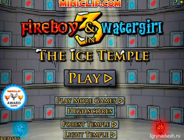 Главное меню игры "Огонь и вода в ледяном храме"
