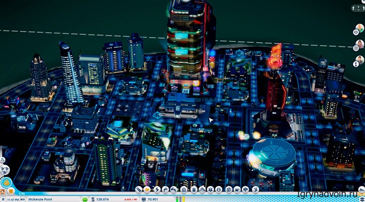 Ночной мегаполис в SimCity 2013